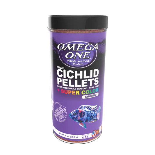 Omega One Super Color Small Cichlid Sinking Pellets 8 oz fish food container