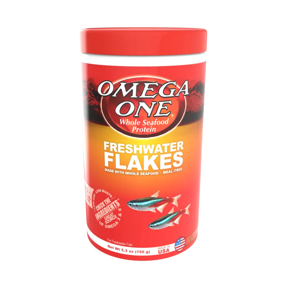 Omega One Freshwater Flakes 0.42 oz small jar of freshwater aquarium fish food