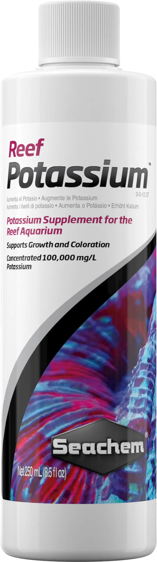 Seachem Reef Potassium 250 mL bottle used to supplement potassium levels in reef aquariums