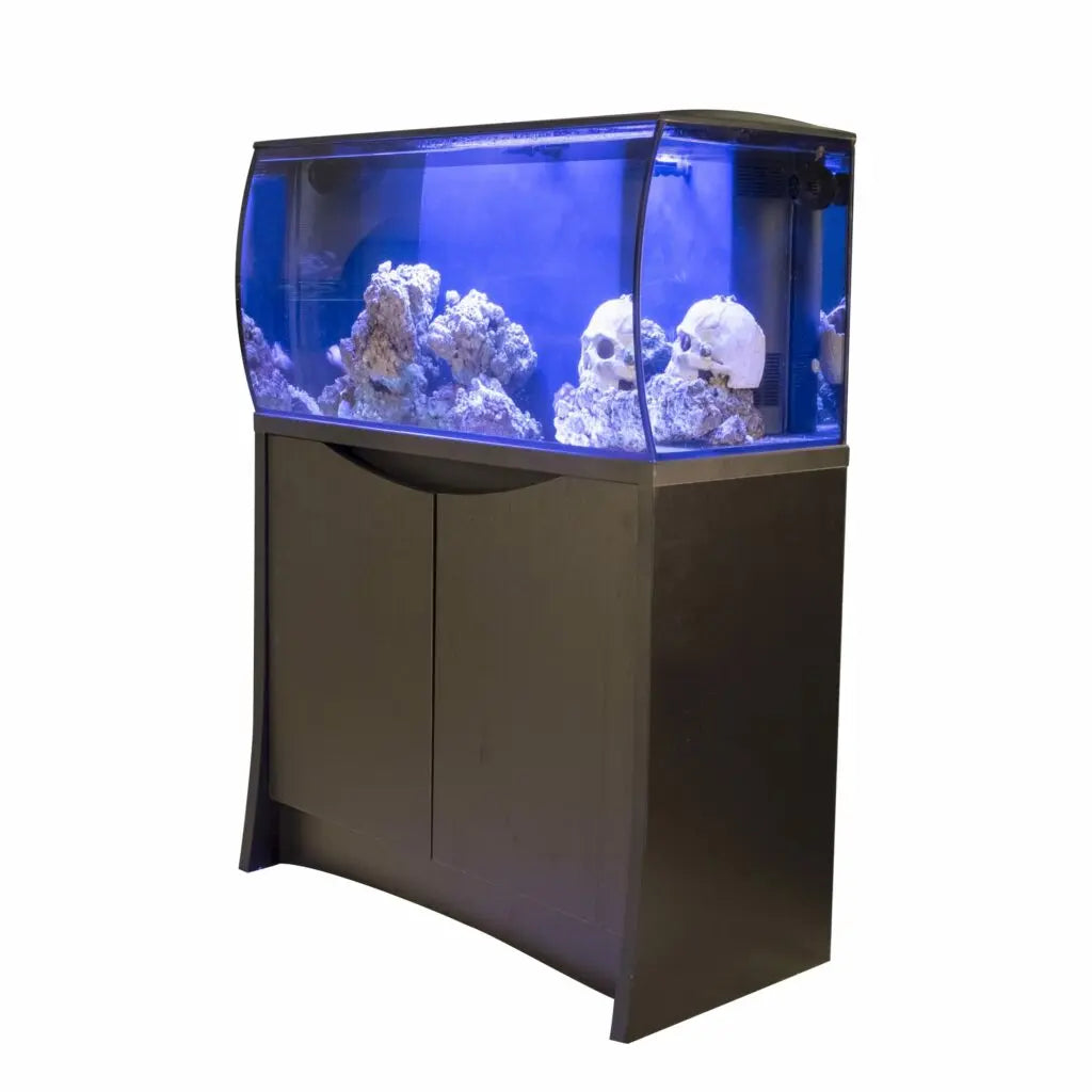 Fluval Flex 32.5 Gallon Aquarium and matching cabinet stand bundle featuring curved glass, LED lighting, and integrated filtration