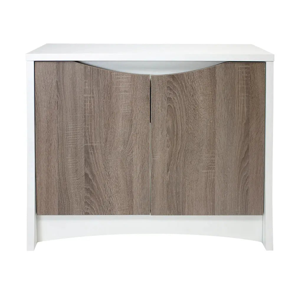 Fluval Flex 32.5 gallon aquarium stand with wood-grain doors closed