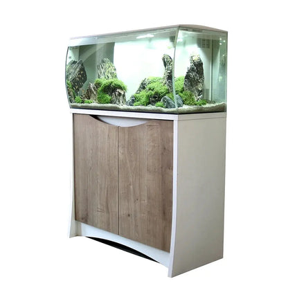 Fluval Flex 32.5 Gallon Aquarium and matching cabinet stand bundle featuring curved glass, LED lighting, and integrated filtration