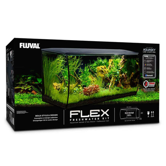 Fluval Flex 32.5 gallon freshwater aquarium kit packaging with planted tank display