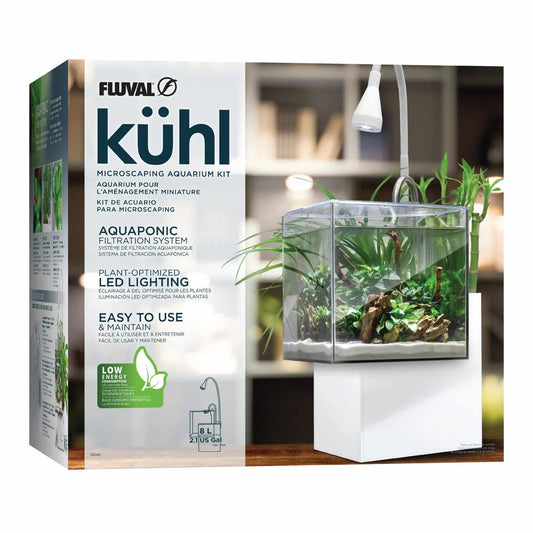 Fluval Kühl Microscaping Aquarium Kit 2.1 gallon white nano aquaponic aquarium with LED light and planting areas for shrimp, snails, and small-space planted displays at Tropical Treasures Wyo.