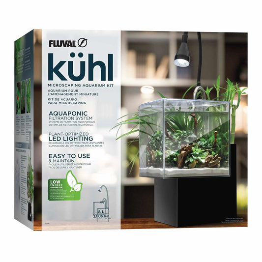 Fluval Kühl Microscaping Aquarium Kit 2.1 gallon black nano aquaponic aquarium with LED light and planting areas for shrimp, snails, and small-space planted displays at Tropical Treasures Wyo.