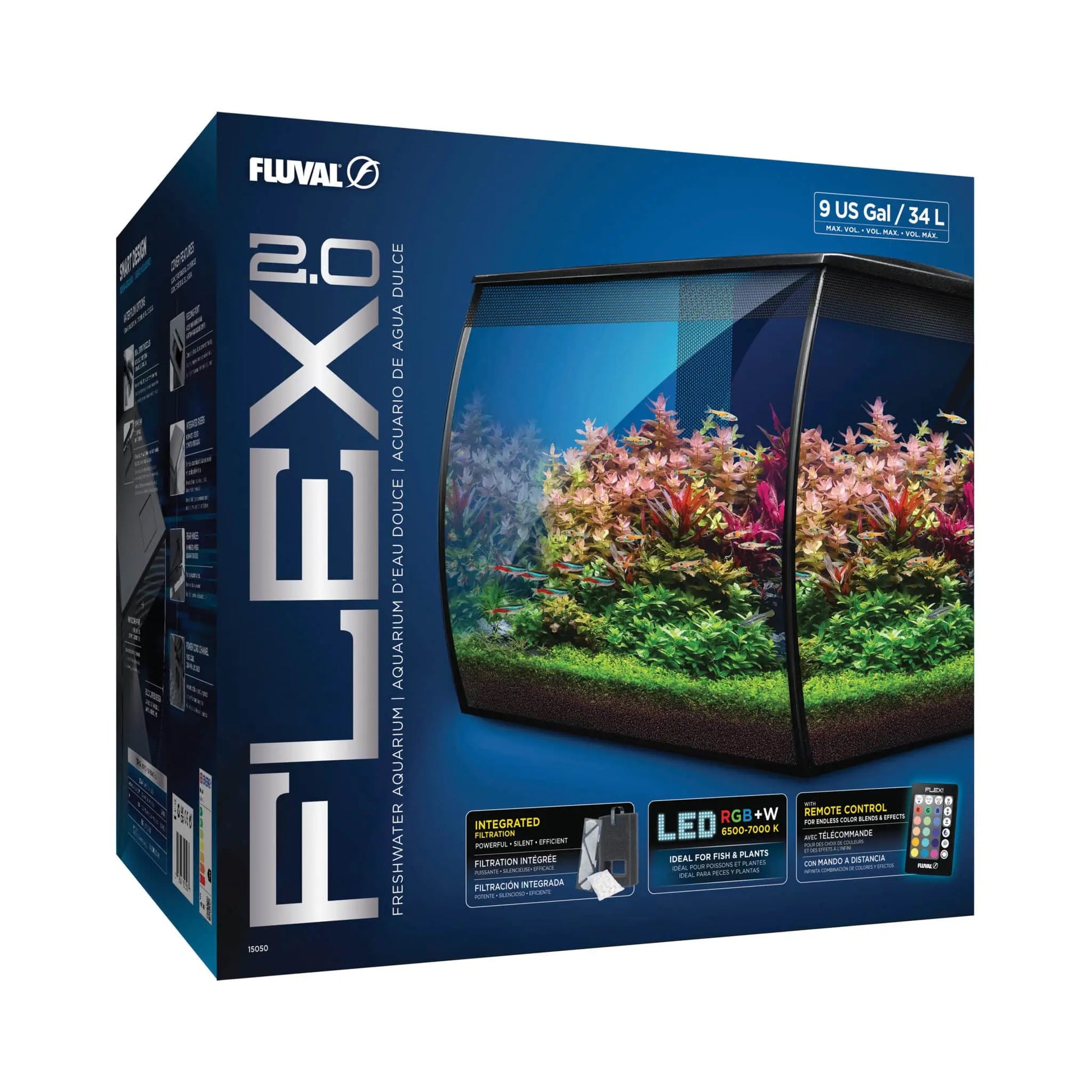 Fluval Flex 2.0 9-gallon aquarium kit with curved glass, integrated filtration, and LED lighting in a modern freshwater setup