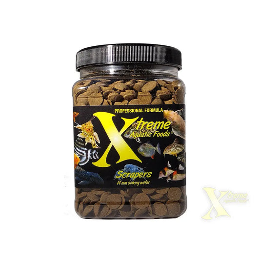 Xtreme Scrapers® – 14 mm Sinking Wafer, 18 oz container for plecos, catfish, loaches, shrimp, and snails.