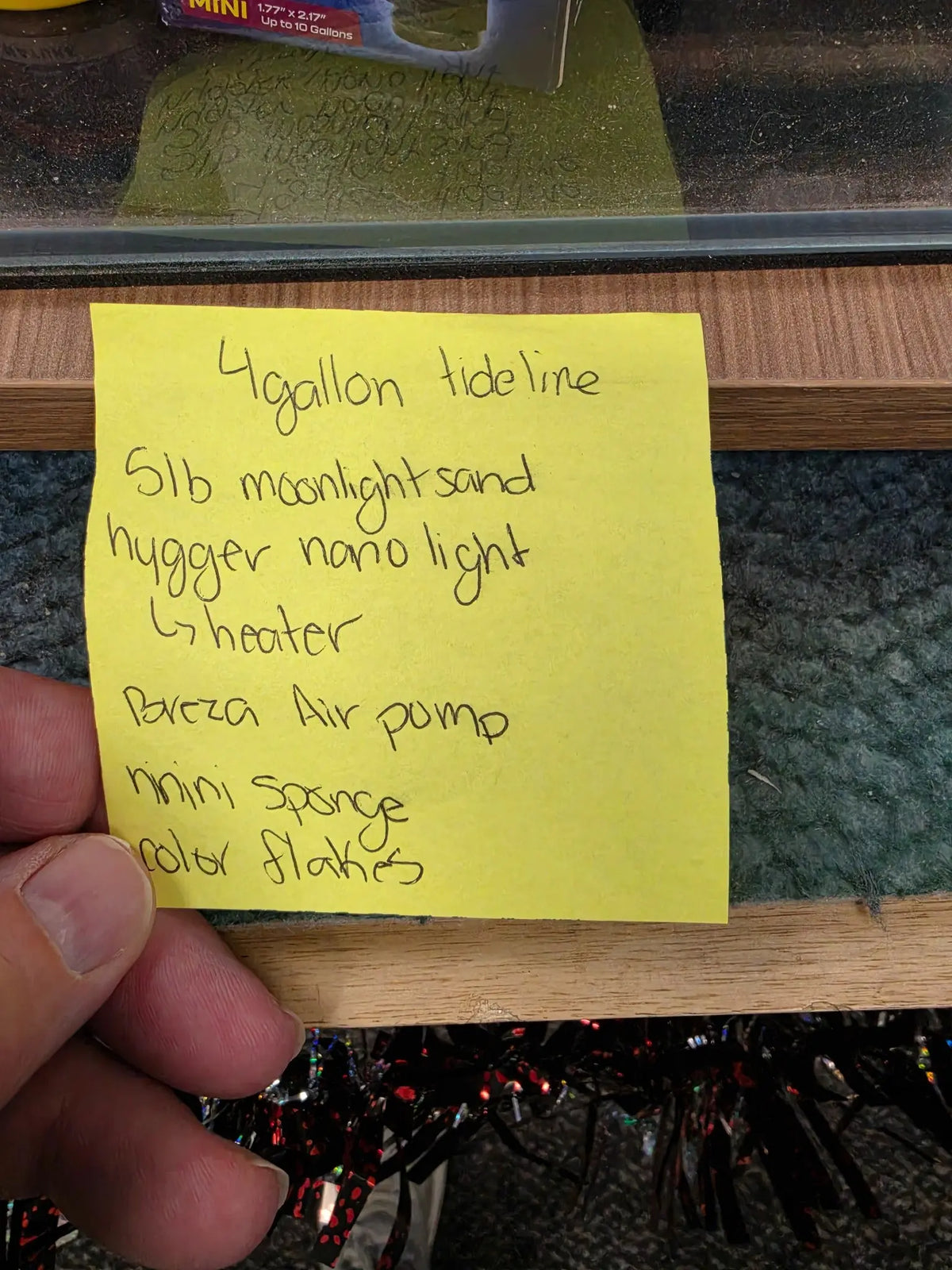 Handwritten component checklist for Tideline 4 gallon freshwater aquarium bundle