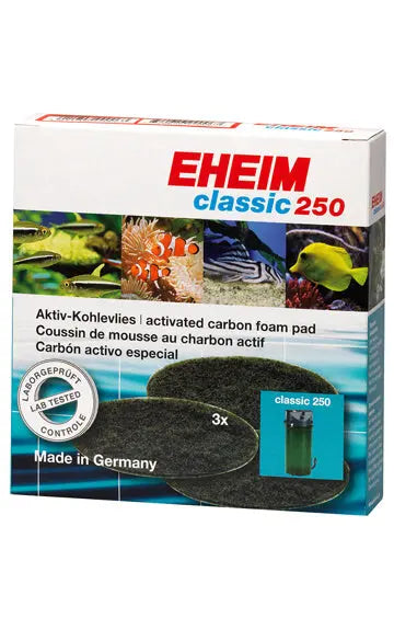 EHEIM classic 250 activated carbon foam pad packaging with aquarium images on a white background