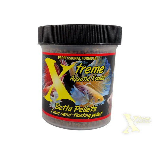 Resealable 2.5 oz package of 1mm Xtreme Betta Pellets for vibrant betta colors