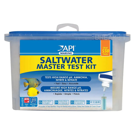 API Saltwater Master Test Kit used to test ammonia, nitrite, nitrate, and pH in a saltwater aquarium