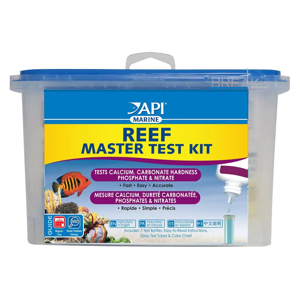API Reef Master Test Kit used to test calcium, alkalinity, phosphate, and nitrate in a reef aquarium