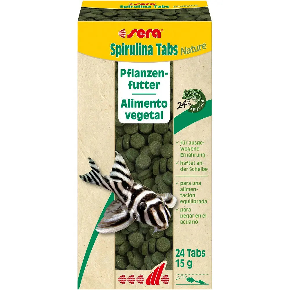 Sera Spirulina Tabs Nature 24 tablets – algae-based sinking fish food with Spirulina, ideal for bottom-feeders, shrimp, and community aquariums.