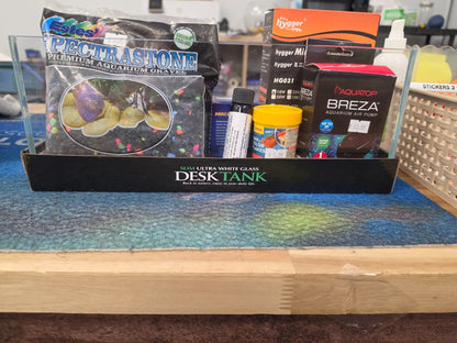 Slim Ultra White Glass DESKTANK bundle display with two bags Estes gravel, Hygger heater, Aquatop pump, nano sponge filter and Sera food