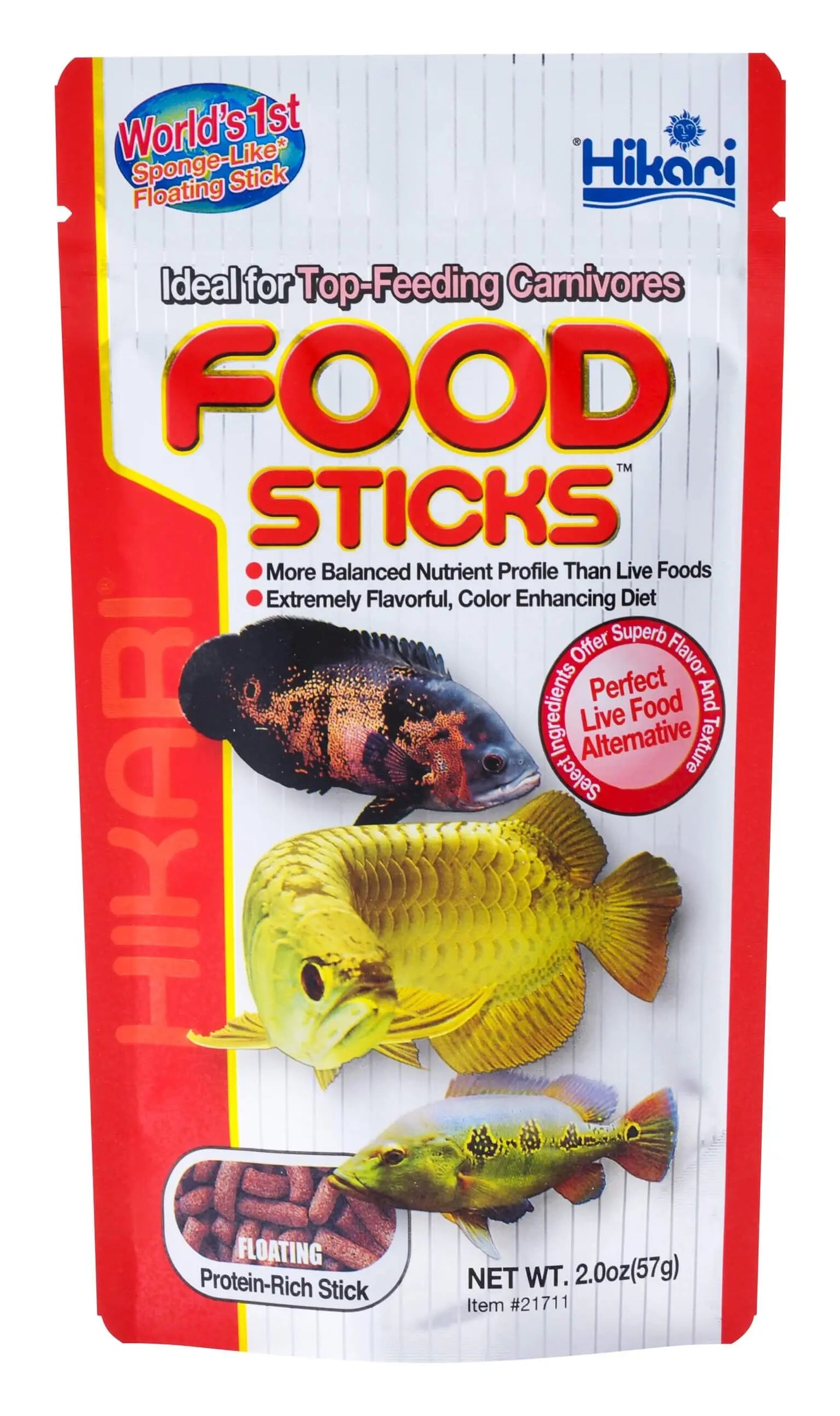 Hikari Food Sticks 2 oz floating carnivore fish food container for large tropical fish, cichlids, arowanas, and predatory freshwater aquarium fish.