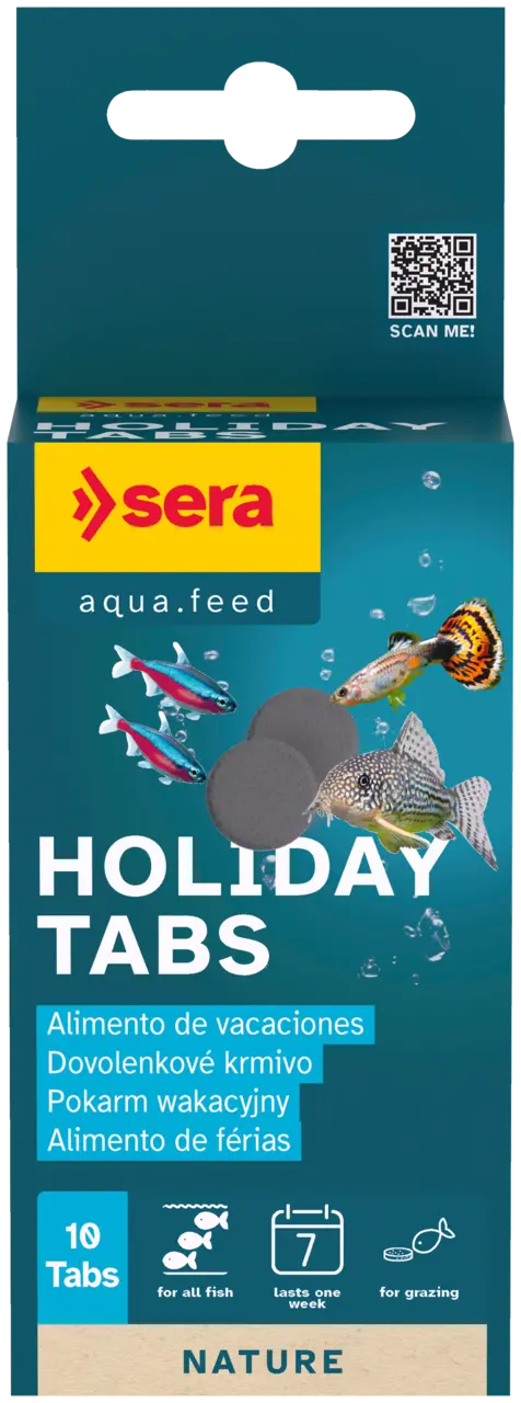 Sera Holiday Tabs – slow-dissolving vacation fish food tablets that feed aquarium fish for up to 7 days.