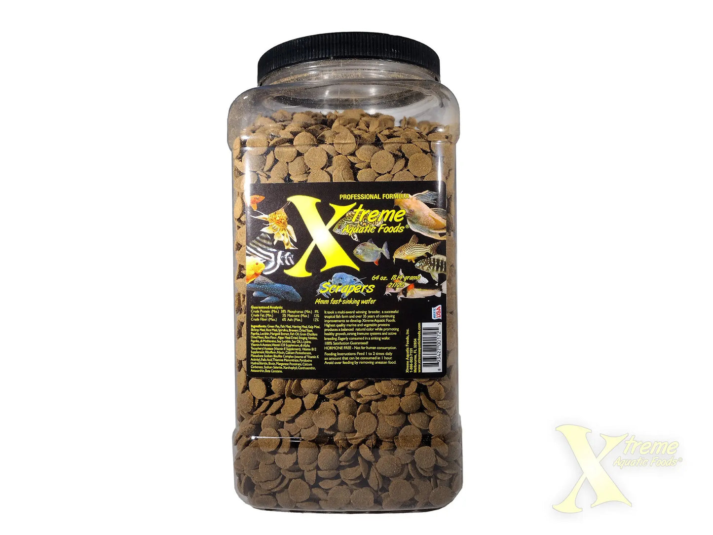 Xtreme Aquatic Foods Scrapers 14mm Sinking Wafers 64 oz bulk bottom feeder food for plecos, catfish, loaches, shrimp, snails, and fish rooms.