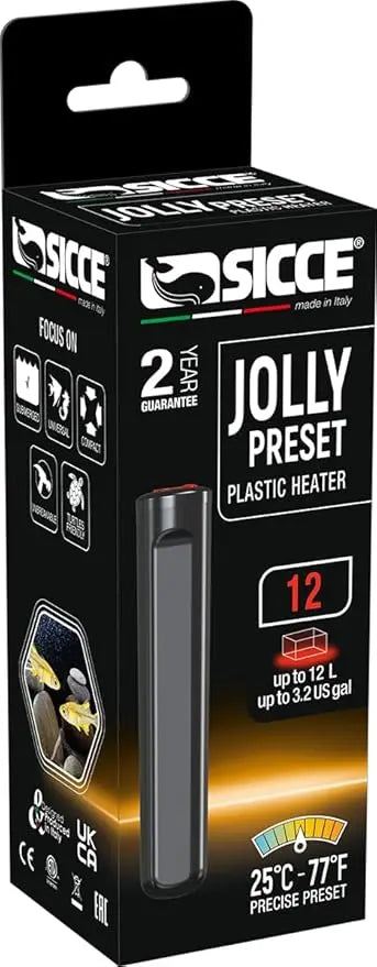 Sicce Jolly Preset 12 W Aquarium Heater – compact, unbreakable plastic heater preset to 77 °F with automatic shut-off for nano tanks.