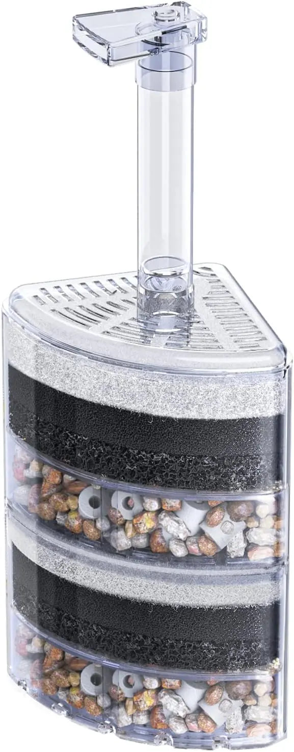 2010 corner aquarium filter installed in the corner of a small freshwater tank providing gentle filtration