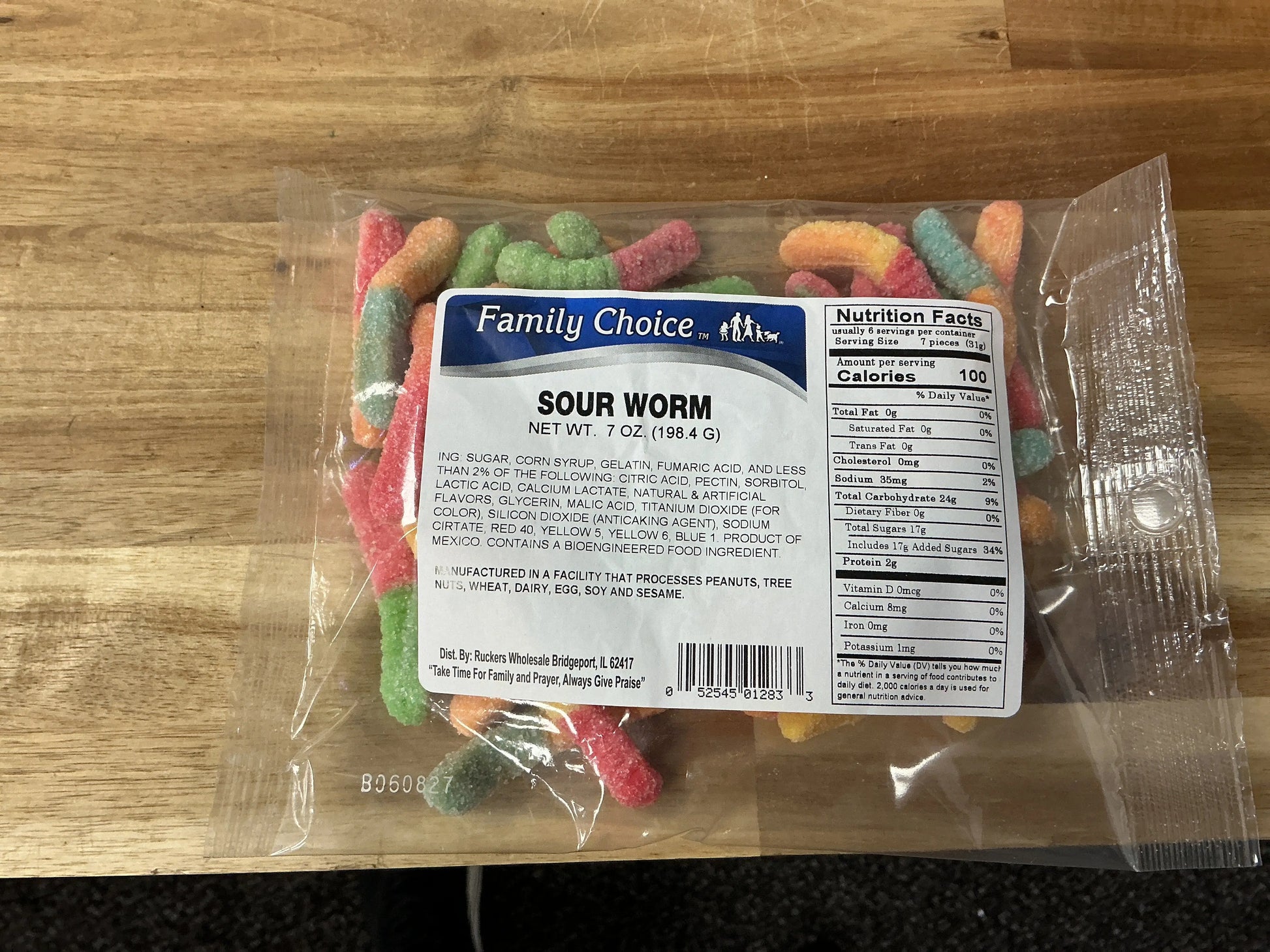 Bag of Rucker's Sour Worms gummy candy, 7 oz