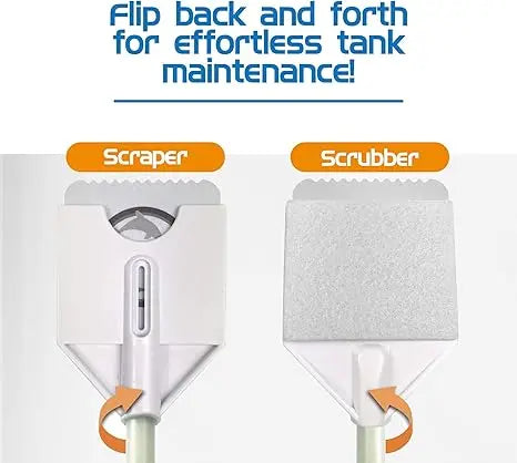 Two tank cleaning tools, a scraper and a scrubber, on a white background with text indicating their use.