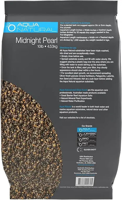 Pisces Midnight Pearl Aquarium Substrate 10 lb bag – shimmering black natural gravel safe for freshwater aquariums, fish, shrimp, and plants.