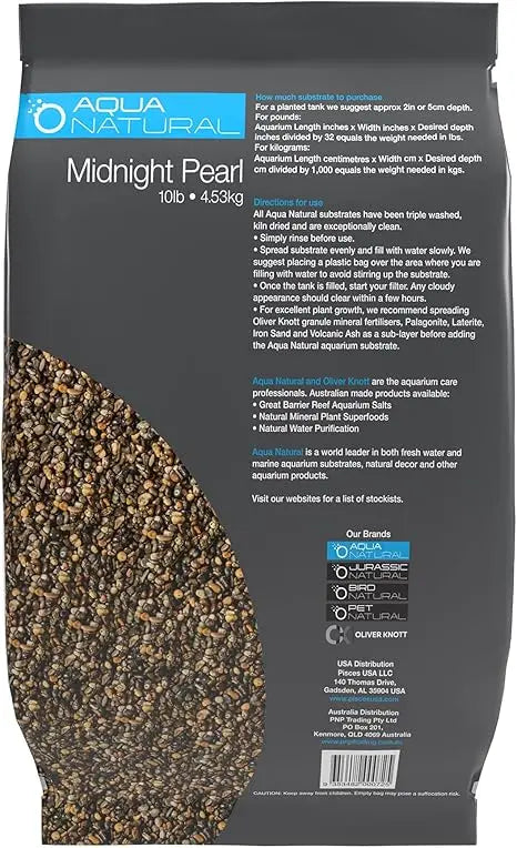 Pisces Midnight Pearl Aquarium Substrate 10 lb bag – shimmering black natural gravel safe for freshwater aquariums, fish, shrimp, and plants.