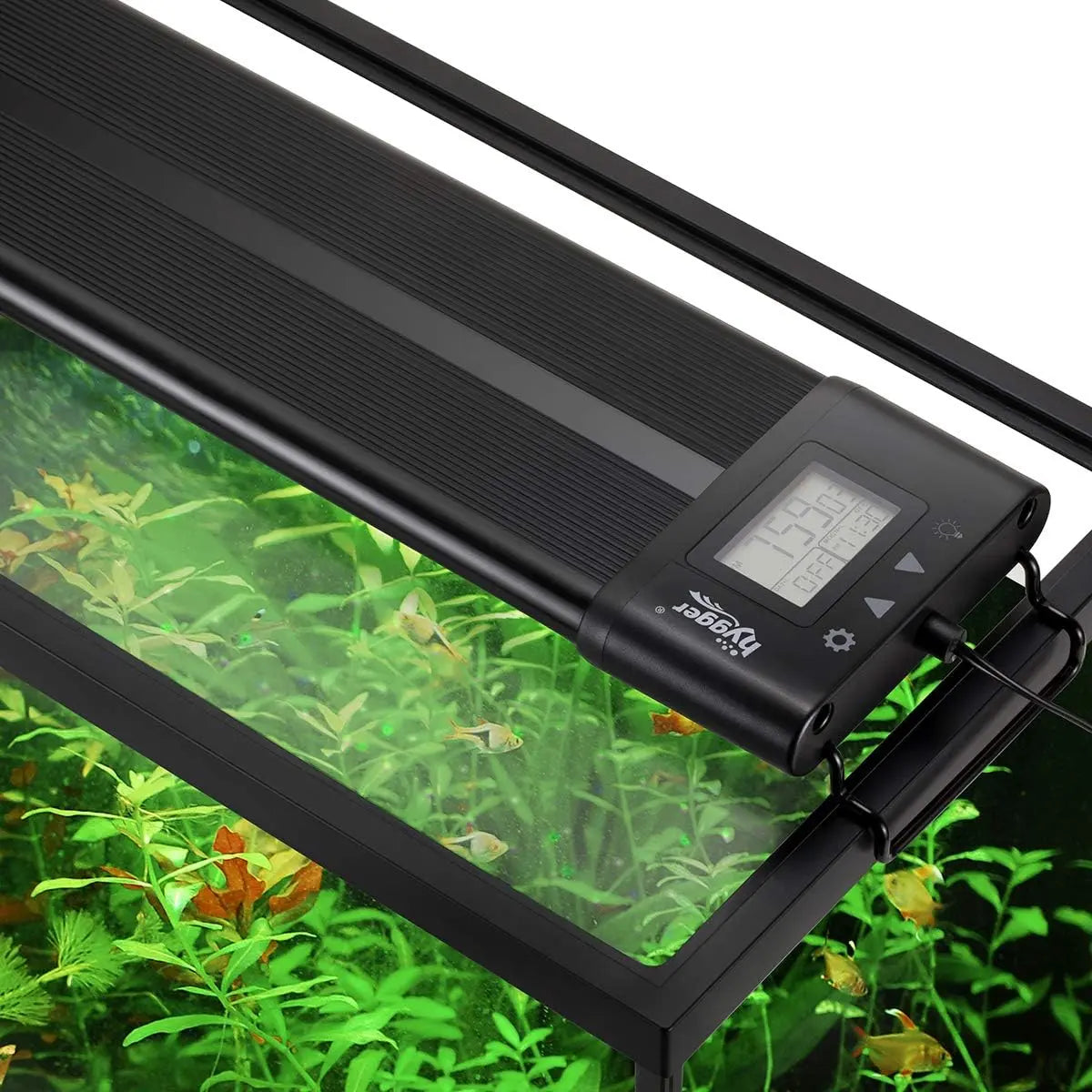 Hygger HG957 20W Nature Pro LED aquarium light installed over a small planted freshwater aquarium