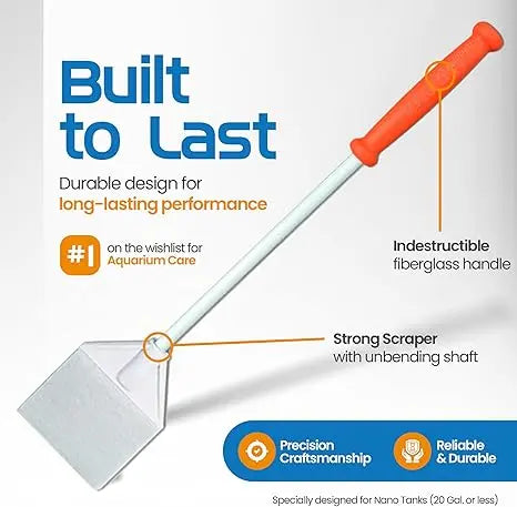 Aquarium cleaning tool with text highlighting durability and features on a white background