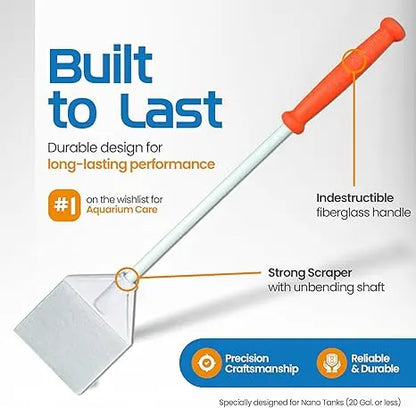 Aquarium cleaning tool with text highlighting durability and features on a white background