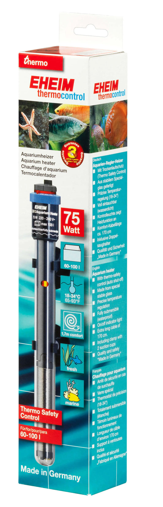 Eheim Jäger 75W Submersible Heater – adjustable shatter-resistant aquarium heater for 10–26 gallon tanks