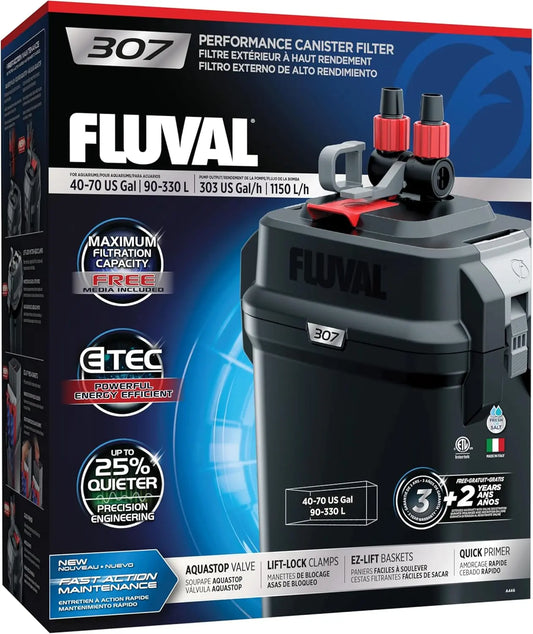 Fluval 307 external canister filter installed below a freshwater aquarium providing high-capacity multi-stage filtration