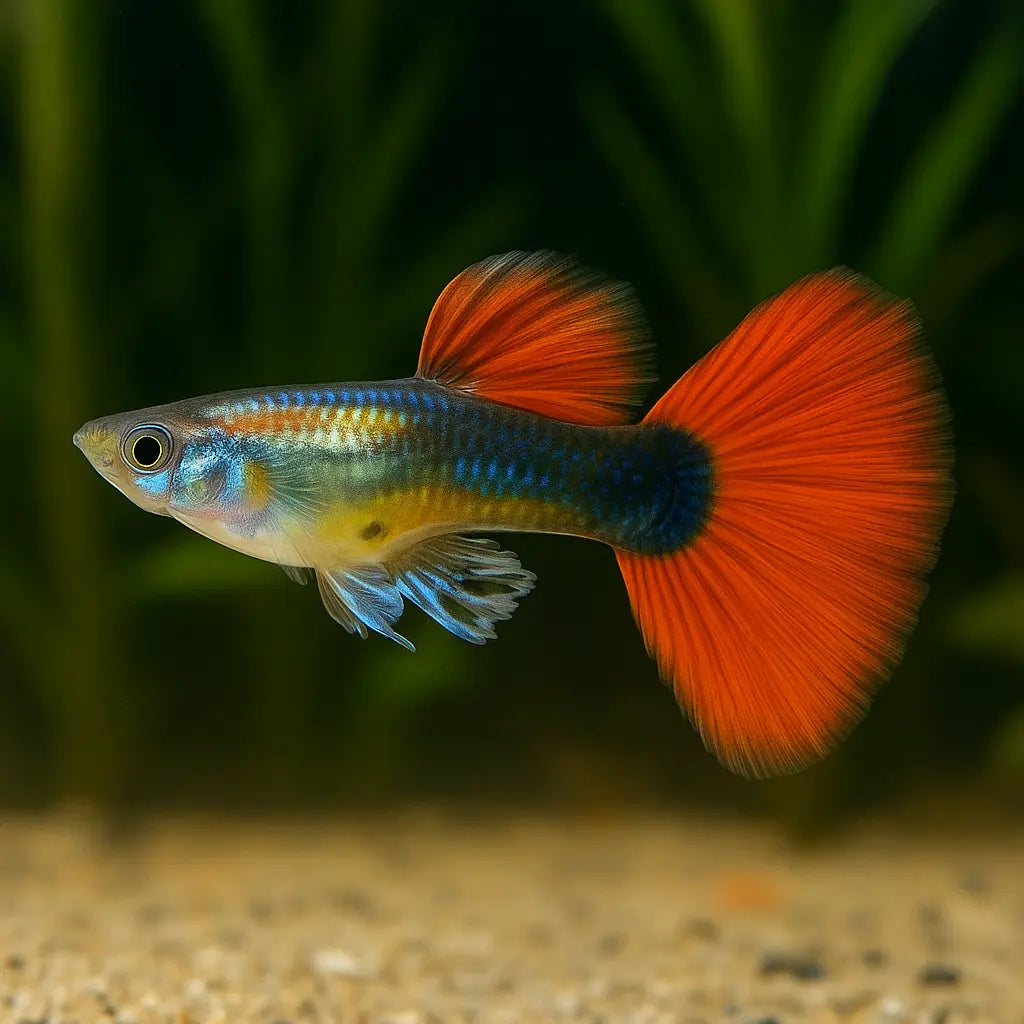 Fancy Guppy (Poecilia reticulata) – colorful freshwater livebearer fish with flowing patterned tails, ideal for community aquariums and planted tanks.
