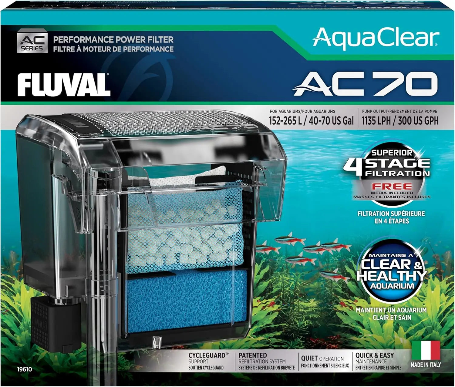 Fluval AquaClear AC70 power filter – hang-on-back aquarium filter for tanks up to 70 gallons