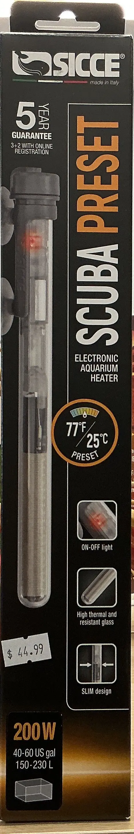 Sicce Scuba Preset 200W Aquarium Heater – fully submersible preset 77°F heater with indicator light for freshwater or marine aquariums
