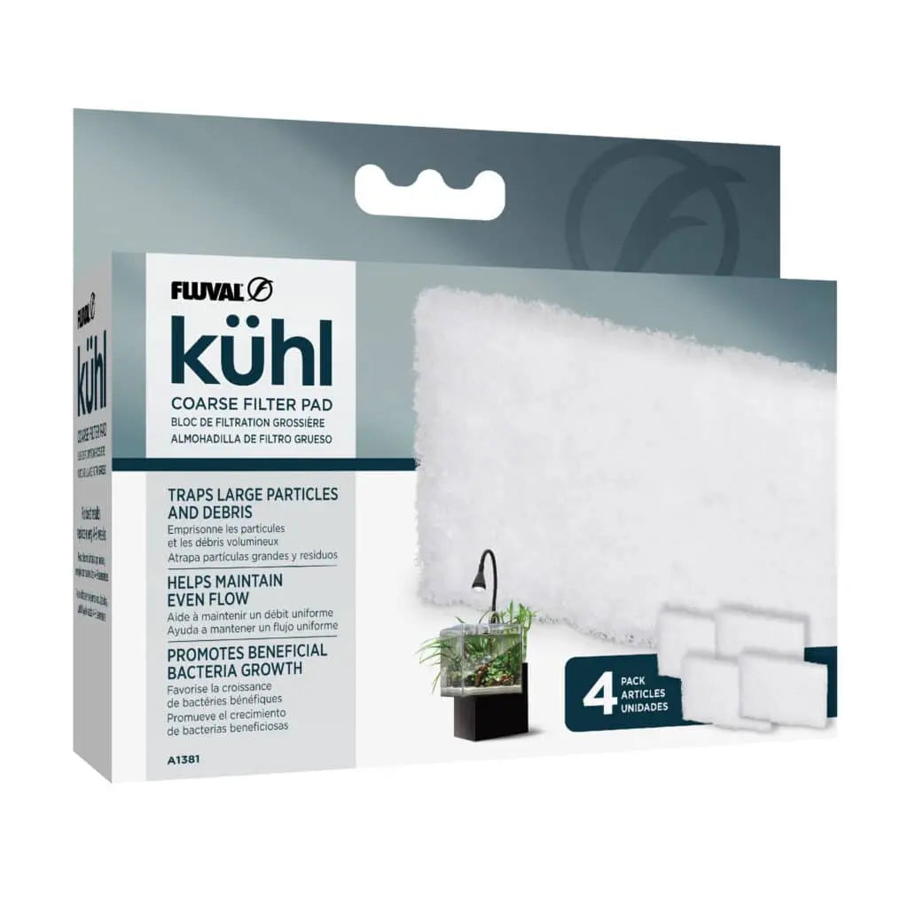 Fluval Kühl Coarse Filter Pad 4-pack retail box with product details, for the Fluval Kühl Microscaping aquarium kit
