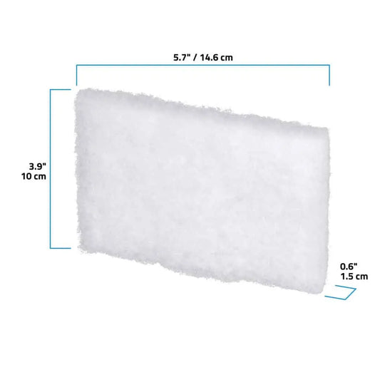 Fluval Kühl Coarse Filter Pad dimensions diagram, measuring 5.7 in / 14.6 cm wide by 3.9 in / 10 cm tall by 0.6 in / 1.5 cm thick