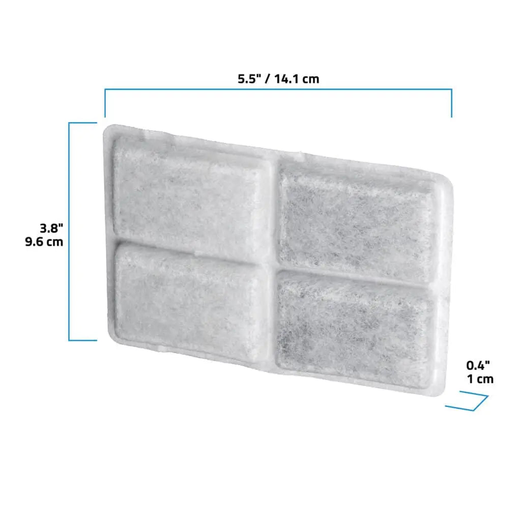 Fluval Kühl Fine Filter Pad dimensions diagram, measuring 5.5 in / 14.1 cm wide by 3.8 in / 9.6 cm tall by 0.4 in / 1 cm thick