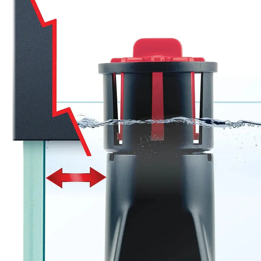 Diagram of the Fluval SK400 skimmer mounted on aquarium glass pulling water from the surface