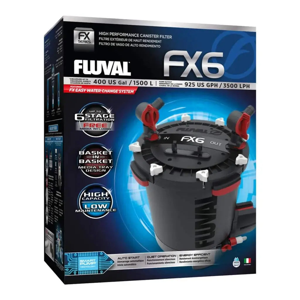 Fluval FX6 high performance canister filter large capacity multi-stage aquarium filter for tanks up to 400 gallons.