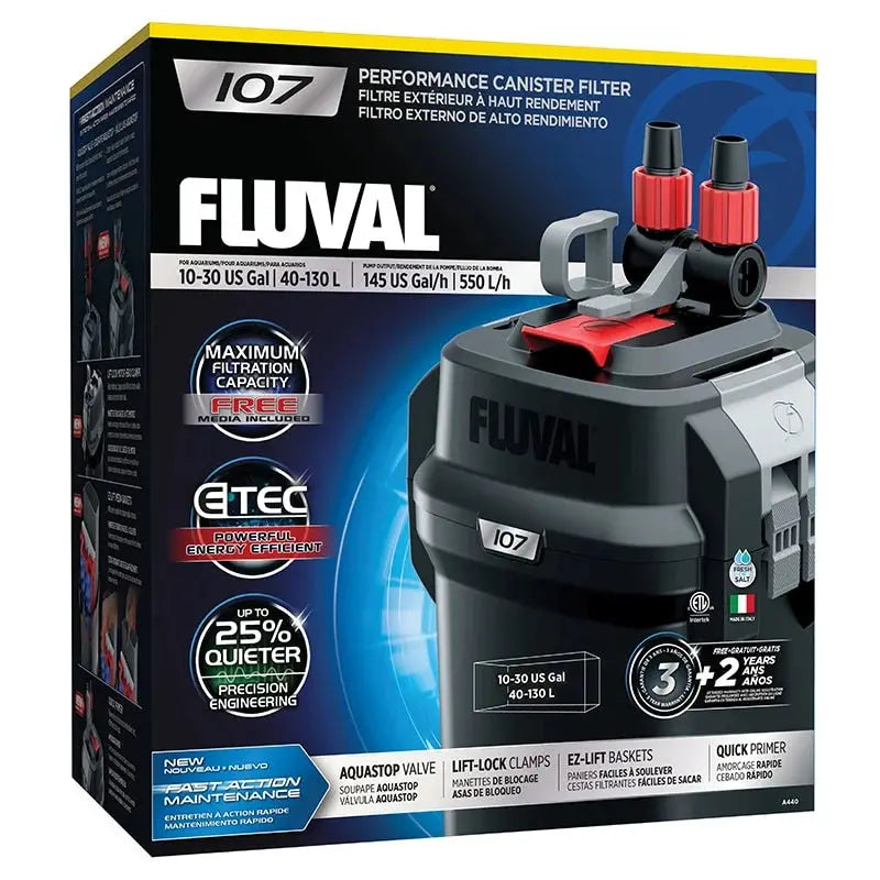 Fluval 107 external canister filter installed below a freshwater aquarium providing multi-stage filtration