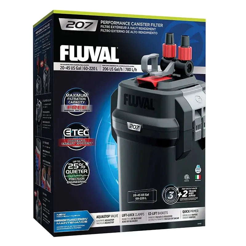 Fluval 207 external canister filter installed below a freshwater aquarium providing powerful multi-stage filtration