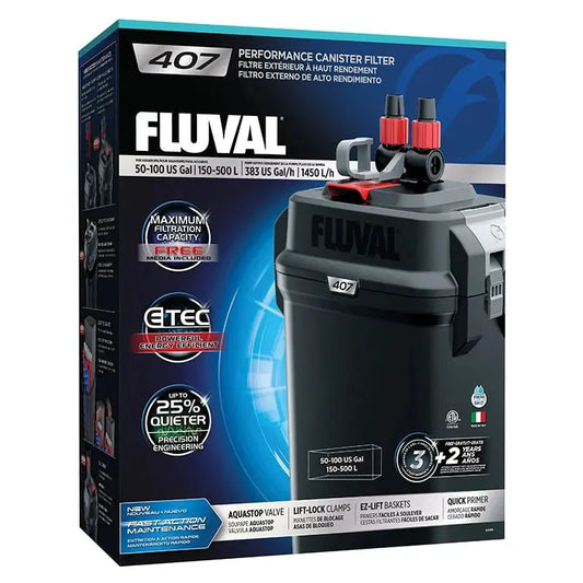 Fluval 407 external canister filter installed below a large freshwater aquarium providing high-capacity multi-stage filtration