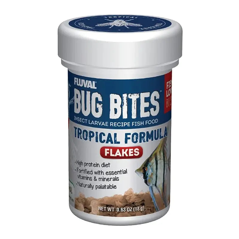 Fluval Bug Bites Tropical Flakes 0.63 oz are insect-based high-protein flakes for tropical freshwater fish.