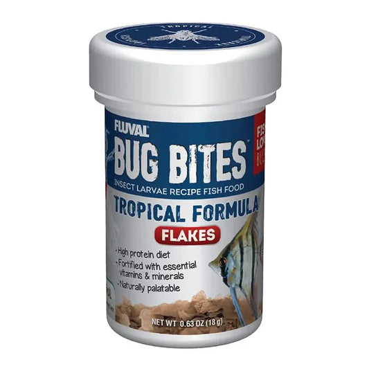Fluval Bug Bites Tropical Flakes 0.63 oz are insect-based high-protein flakes for tropical freshwater fish.