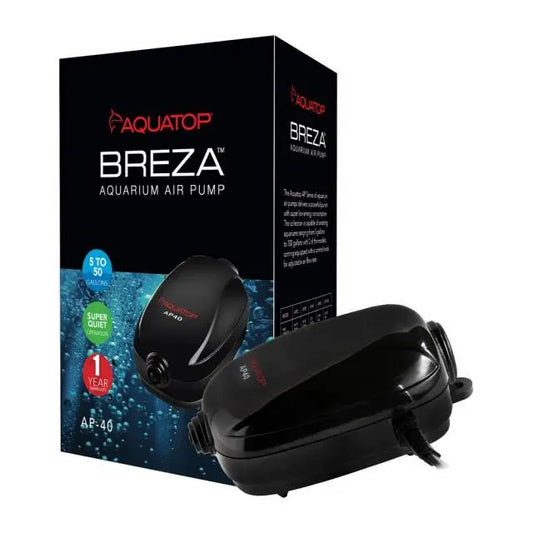 AQUATOP Breza AP-40 single outlet aquarium air pump – compact, quiet air pump for tanks up to 50 gallons, suitable for sponge filters and air stones.