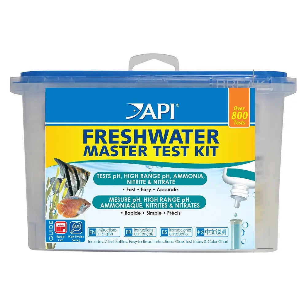 “API Freshwater Master Test Kit – complete aquarium water testing kit with test tubes, solutions, and color charts for pH, ammonia, nitrite, and nitrate.