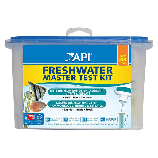 “API Freshwater Master Test Kit – complete aquarium water testing kit with test tubes, solutions, and color charts for pH, ammonia, nitrite, and nitrate.