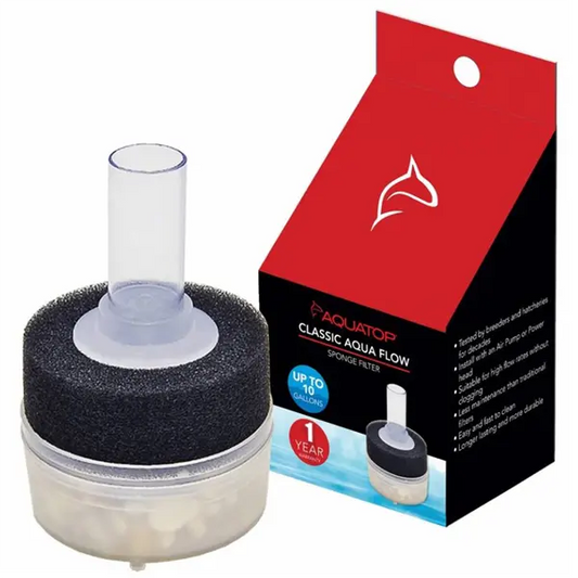 Aquatop Sponge Filter for aquariums up to 10 gallons providing gentle biological filtration for shrimp, bettas, fry, and nano fish tanks