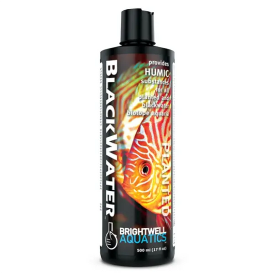 Brightwell Aquatics Blackwater 500 mL aquarium supplement for creating natural blackwater conditions, adding humic substances, and supporting freshwater fish like tetras, rasboras, discus, angelfish, and dwarf cichlids at Tropical Treasures Wyo.
